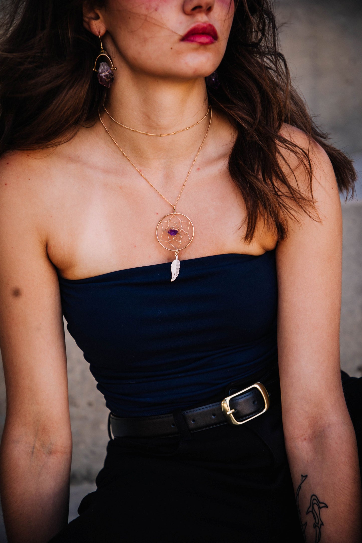 Amethyst Dreamcatcher Necklace (Gold Plated)