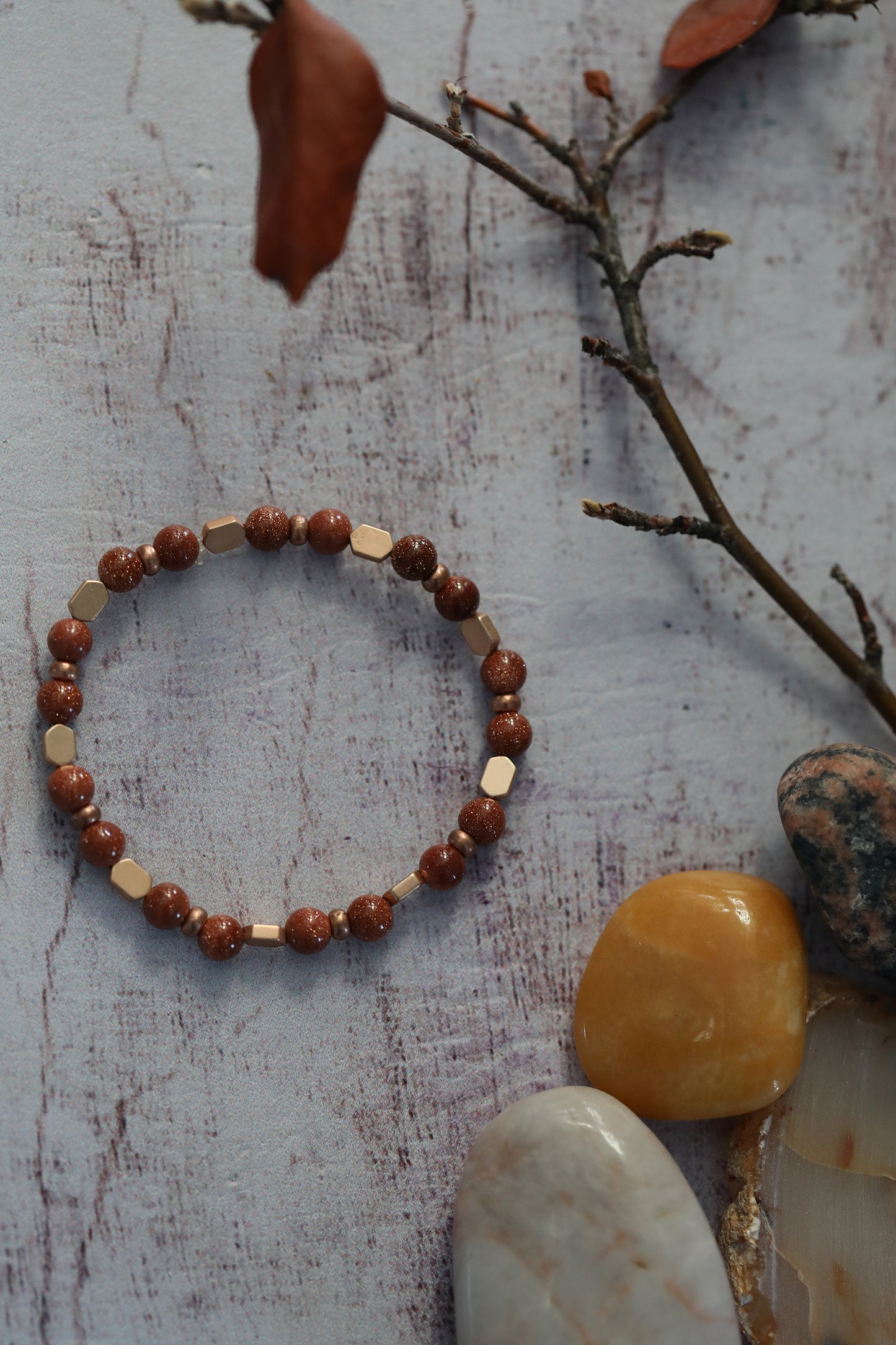 Beaded Bracelet - Goldstone & Metal