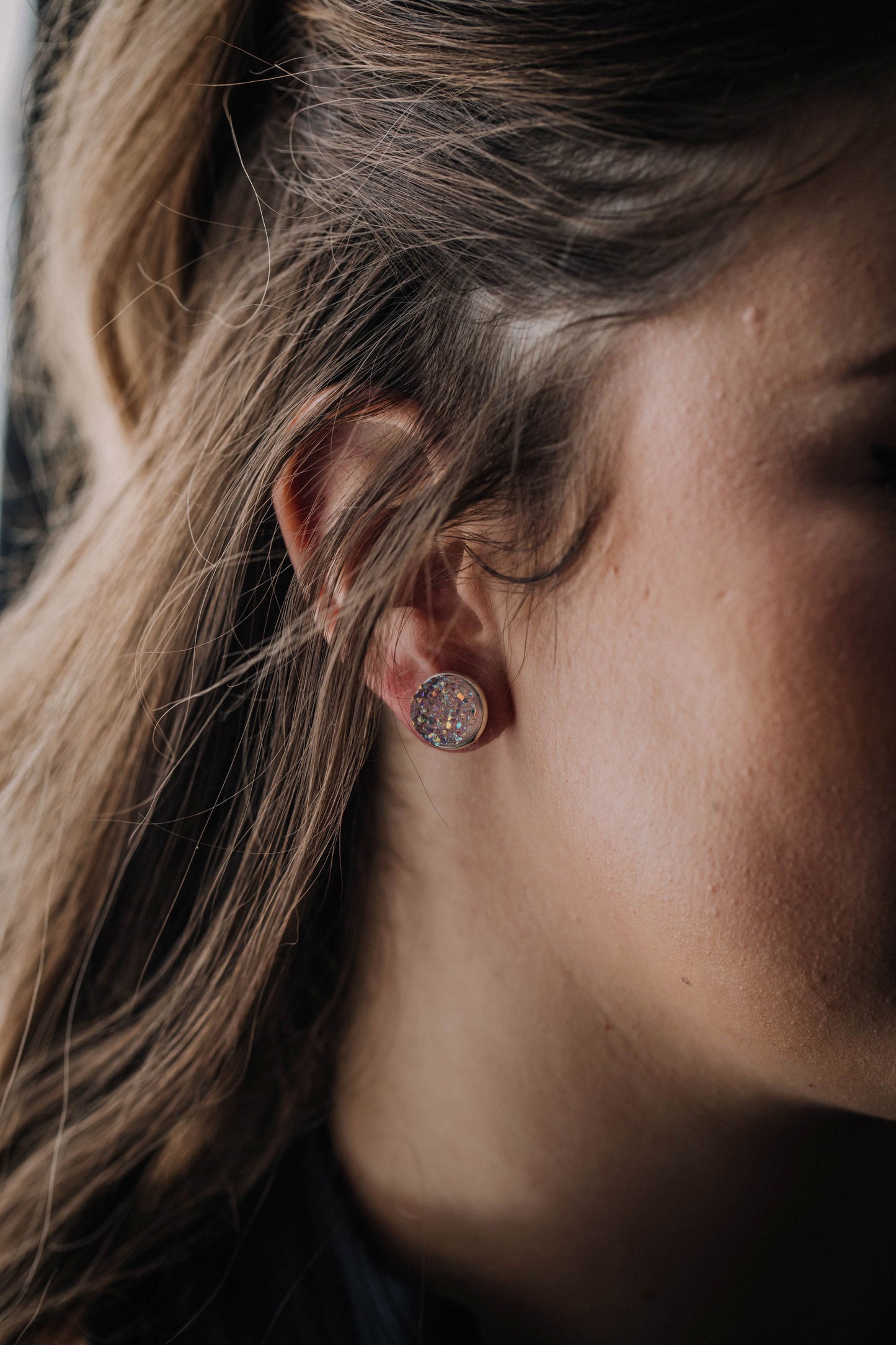 Druzy Resin Stud Earrings - Aurora Silver