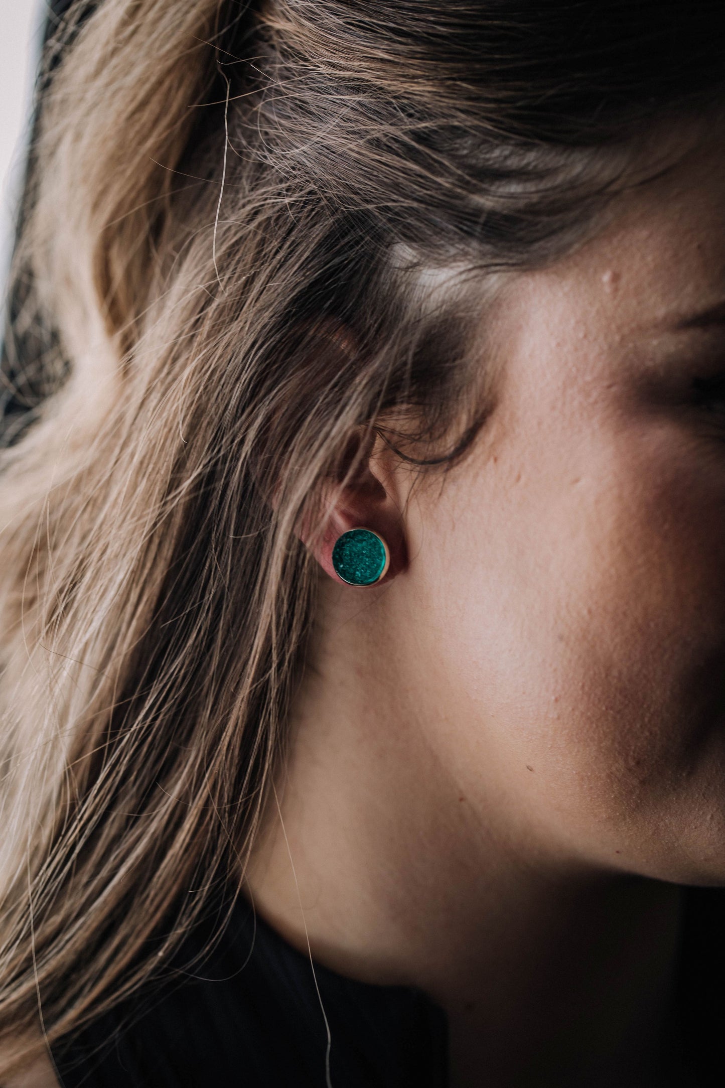 Druzy Resin Stud Earrings - Rider Green Silver