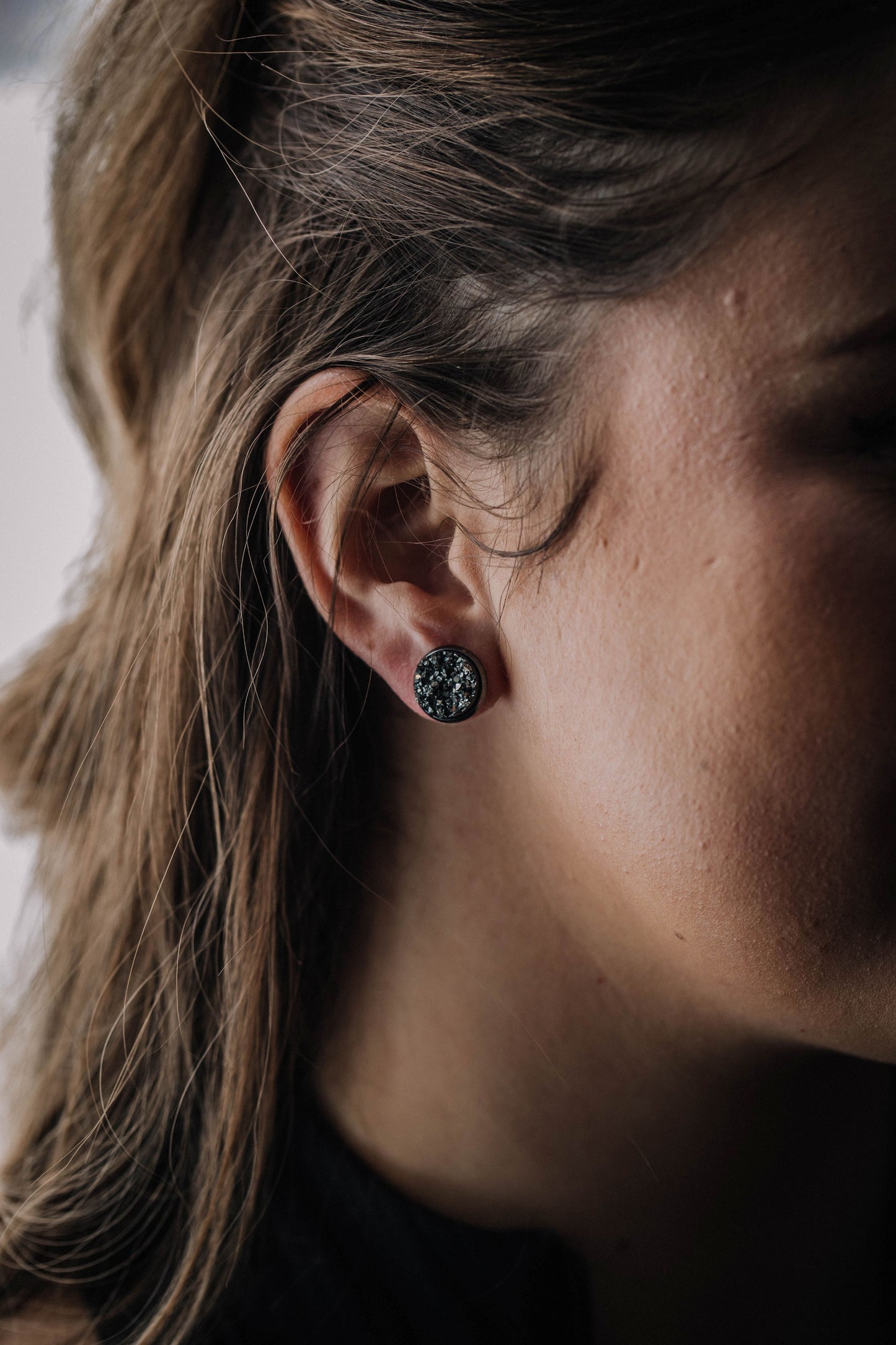 Druzy Resin Stud Earrings - Charcoal Gunmetal