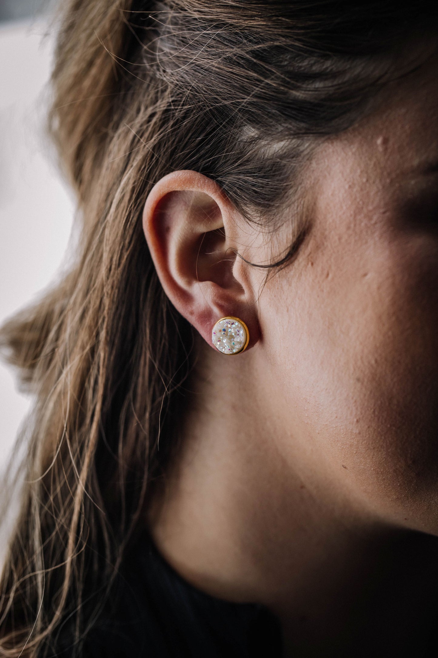 Druzy Resin Stud Earrings - White Gold