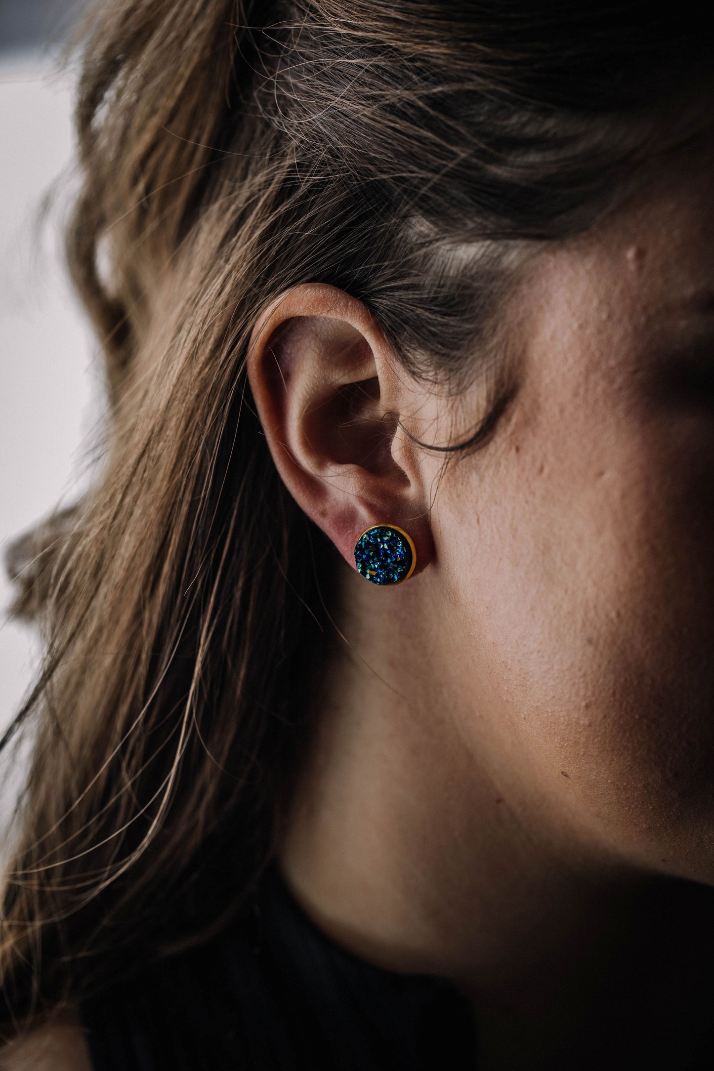 Druzy Resin Stud Earrings - Blue Gold