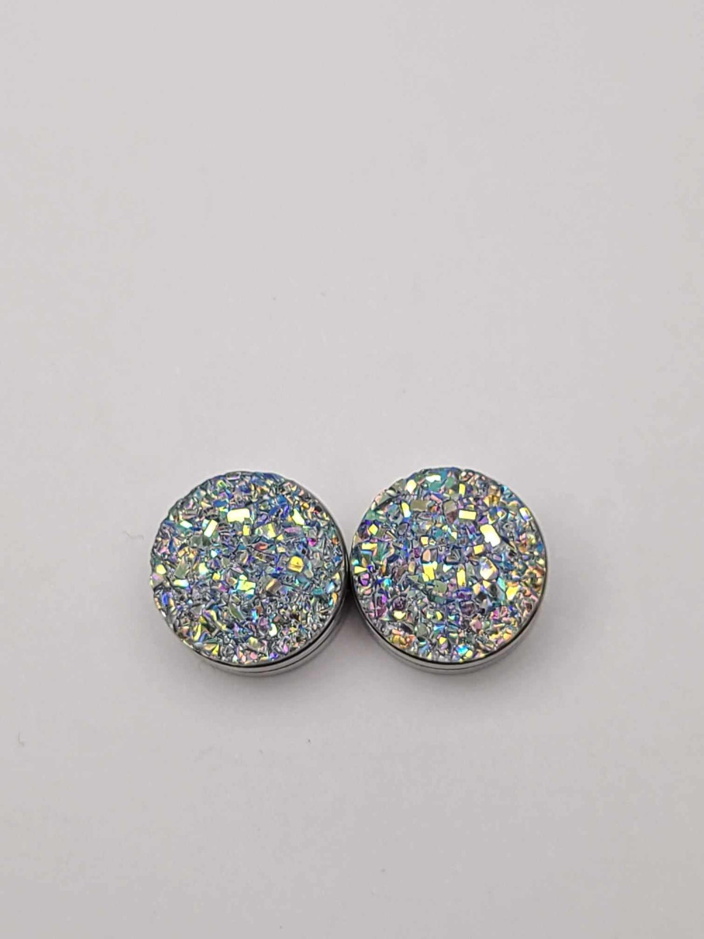 Druzy Resin Stud Earrings - Silver Rainbow