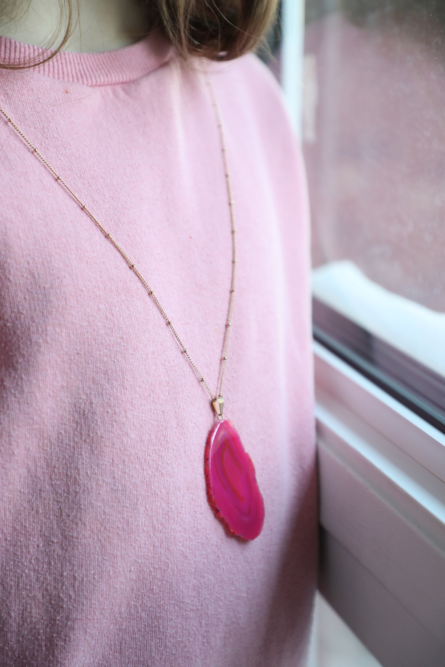 Collier tranche d'agate - Rose ardente