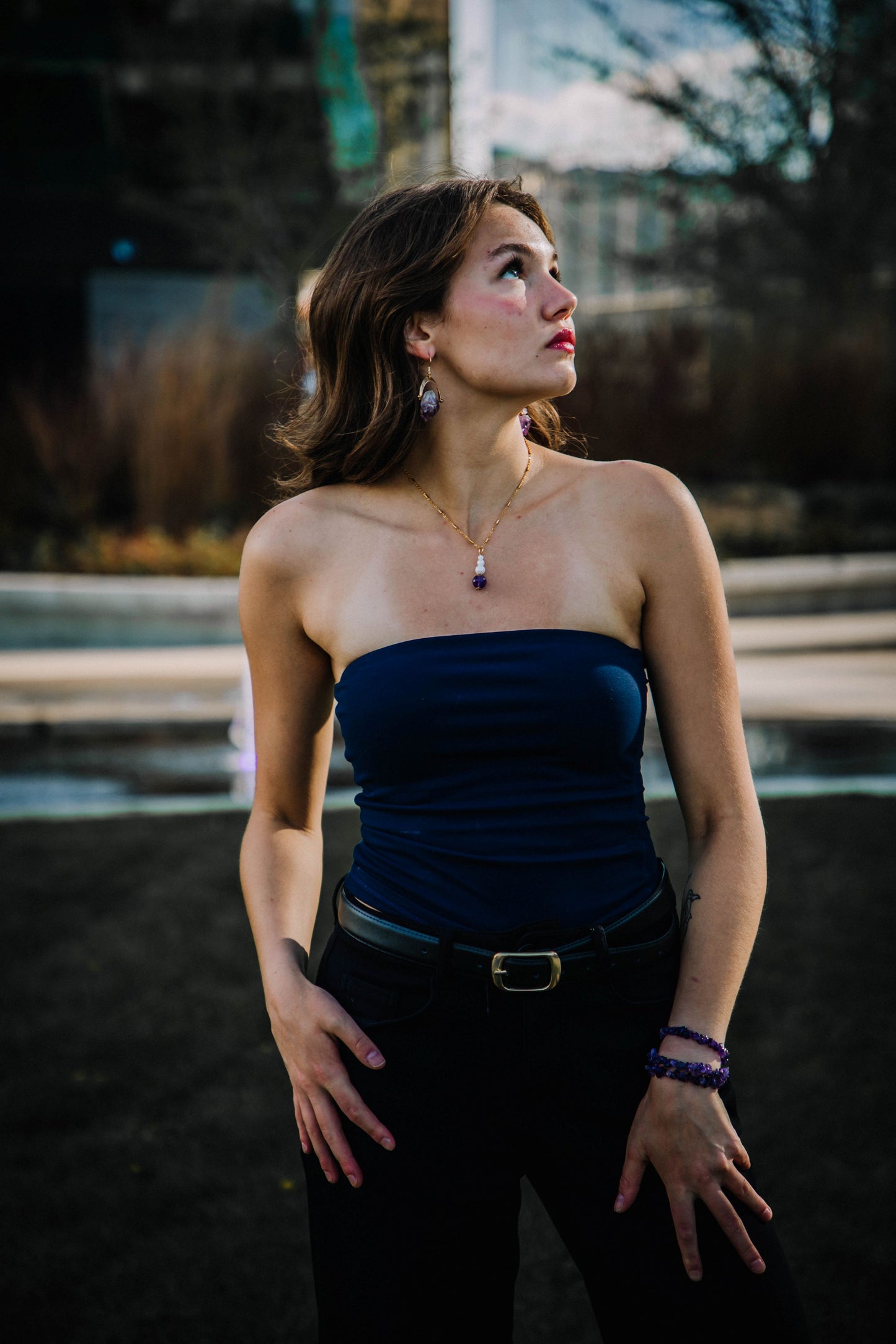 Crystal Amethyst Necklace with Glass Pearls