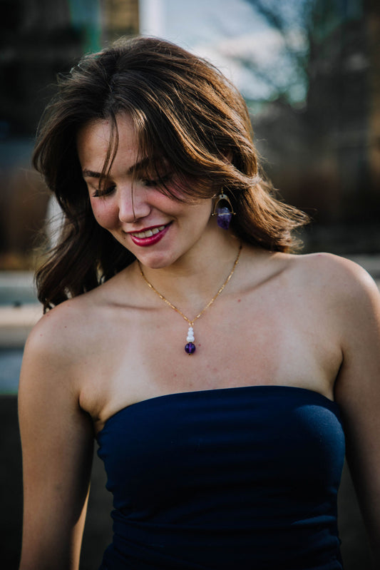Crystal Amethyst Necklace with Glass Pearls
