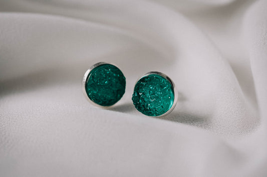 Druzy Resin Stud Earrings - Rider Green Silver