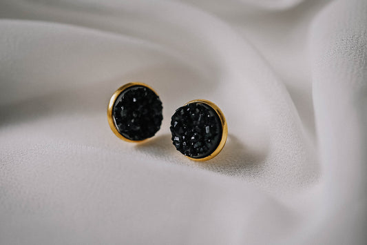 Druzy Resin Stud Earrings - Black Gold