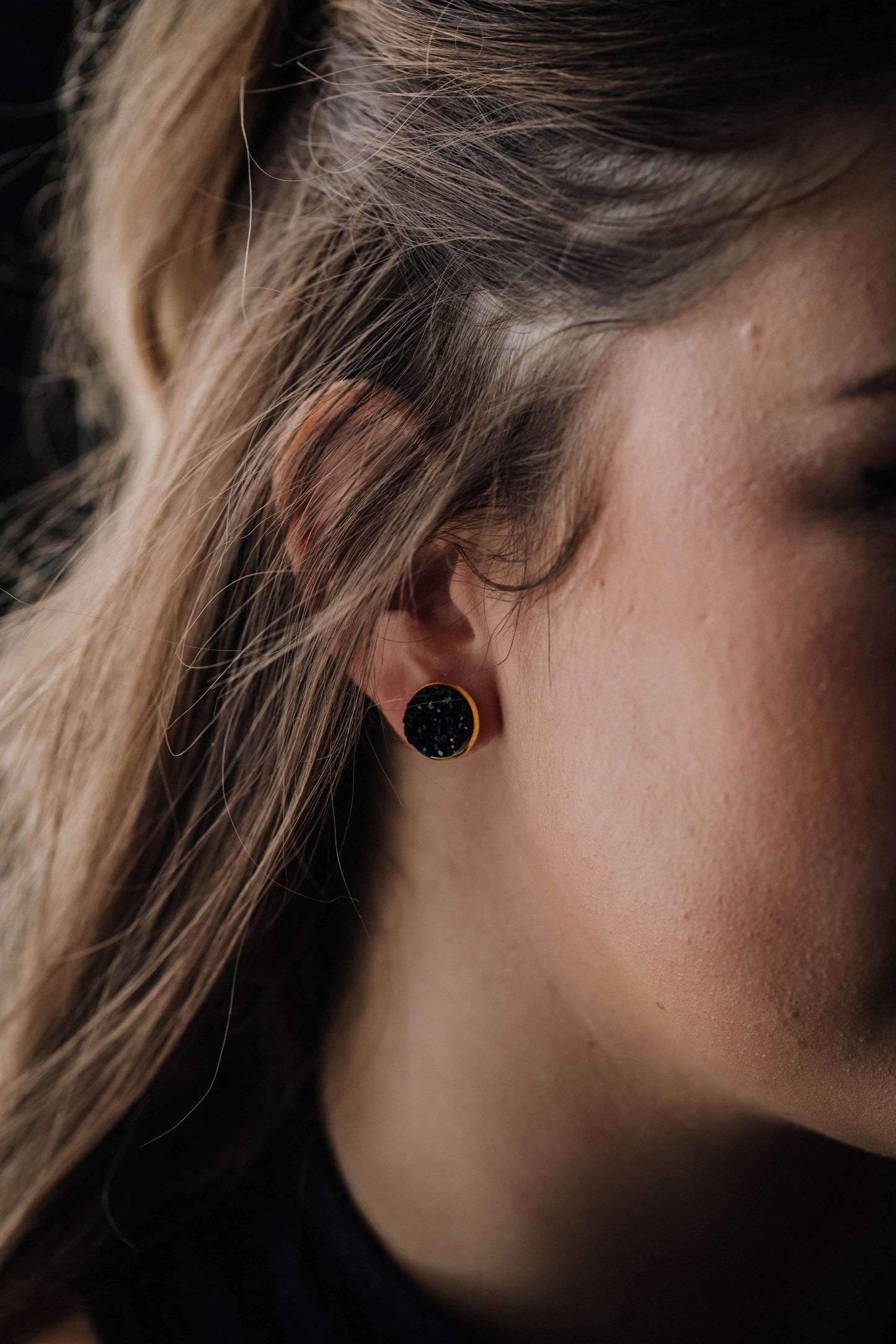 Druzy Resin Stud Earrings - Charcoal Gold