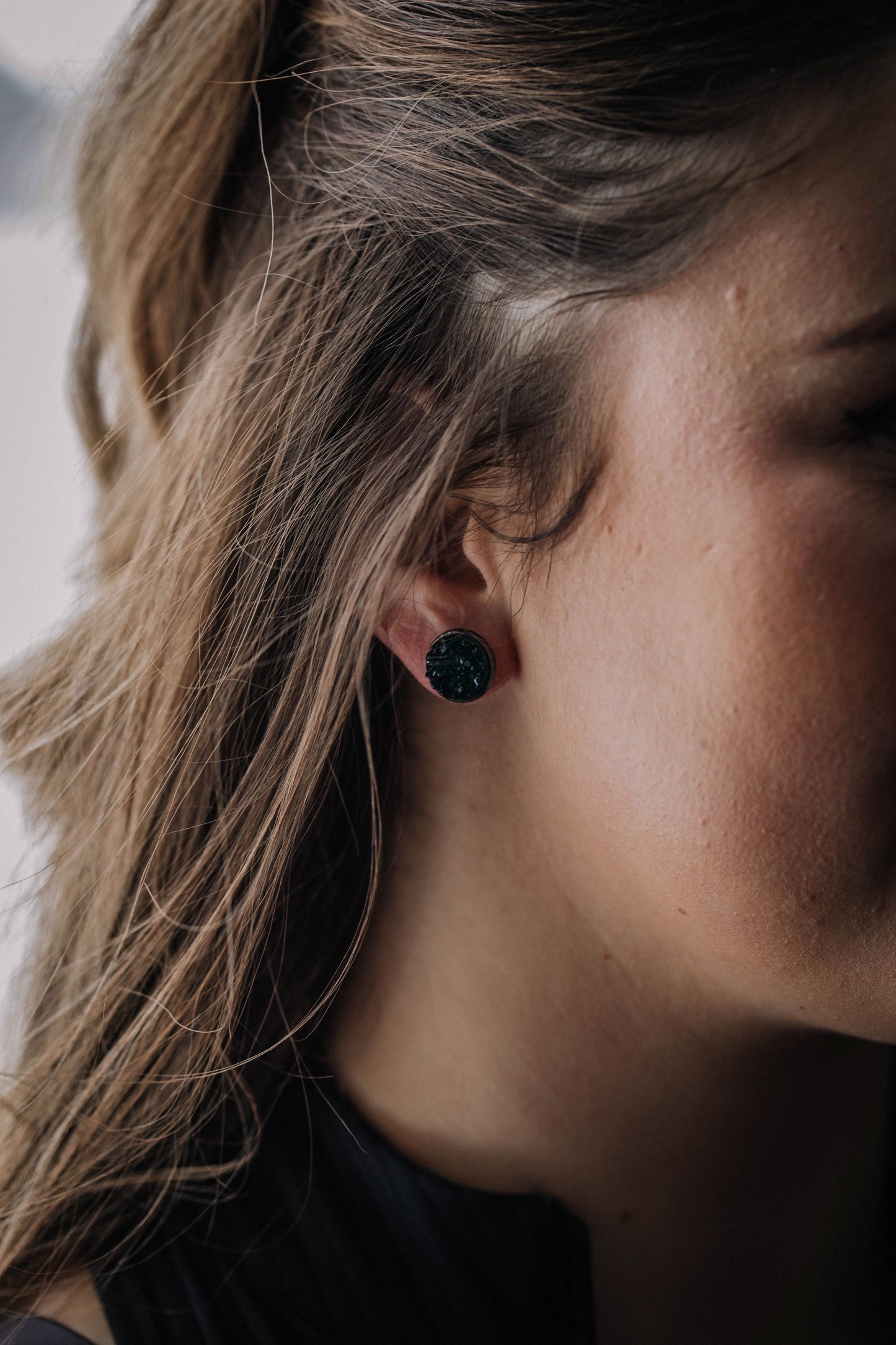 Druzy Resin Stud Earrings - Hunter Green Gunmetal