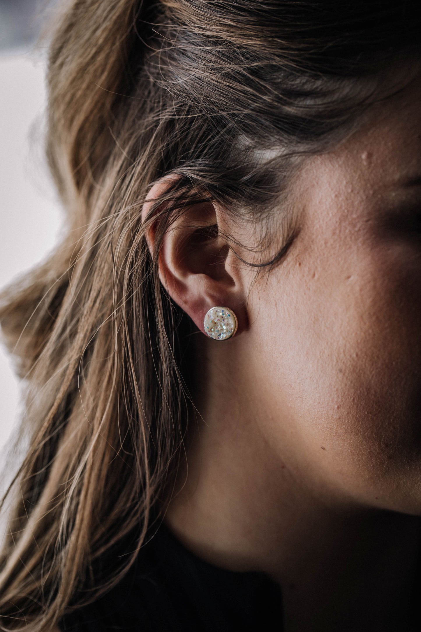 Druzy Resin Stud Earrings - White Silver