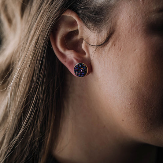 Druzy Resin Stud Earrings - Purple Silver