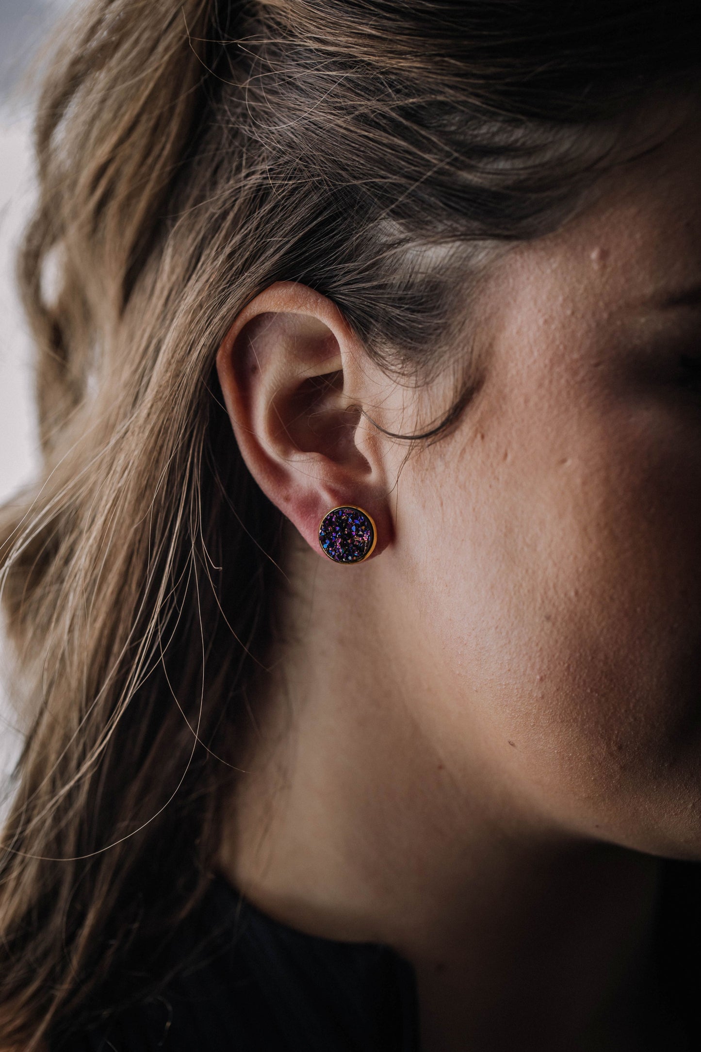 Druzy Resin Stud Earrings - Purple Gold