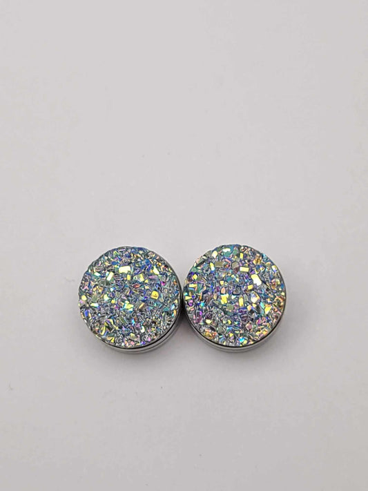 Druzy Resin Stud Earrings - Silver Rainbow